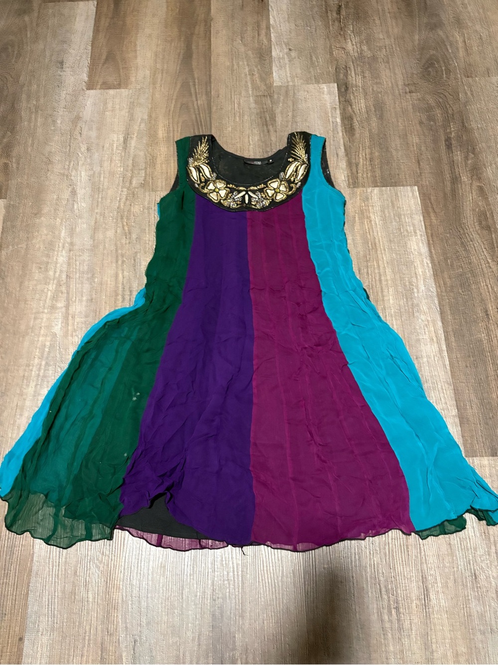 Salwar Kameez Multicolor Panelled Sleeveless Dress with Gold Embroidered Neck